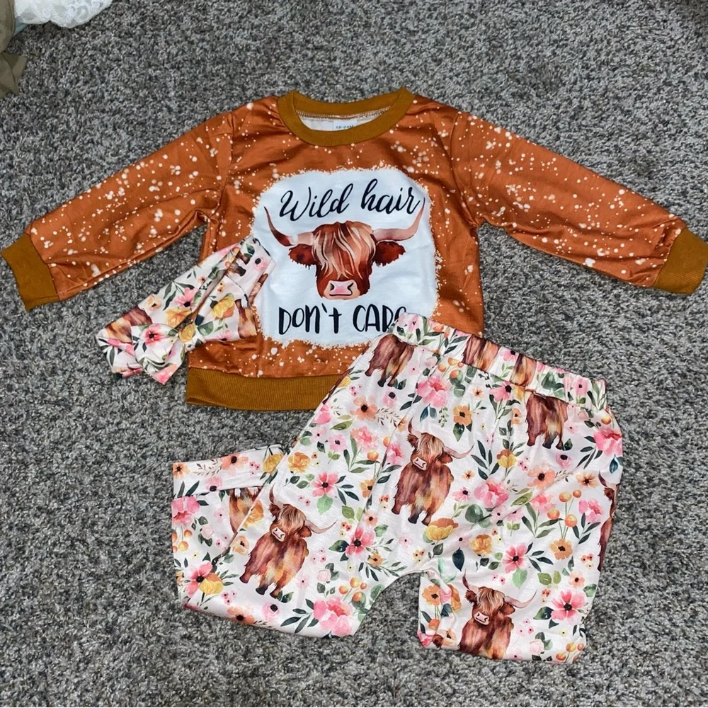 Girls Western Cow girl Set Wild Hair Don't Care Sweatshirt Floral Pants